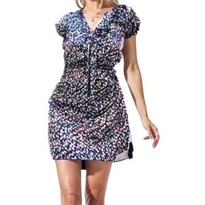 Max Studio Abstract Tie Neck Puff Short Sleeve Mini Dress Size Small